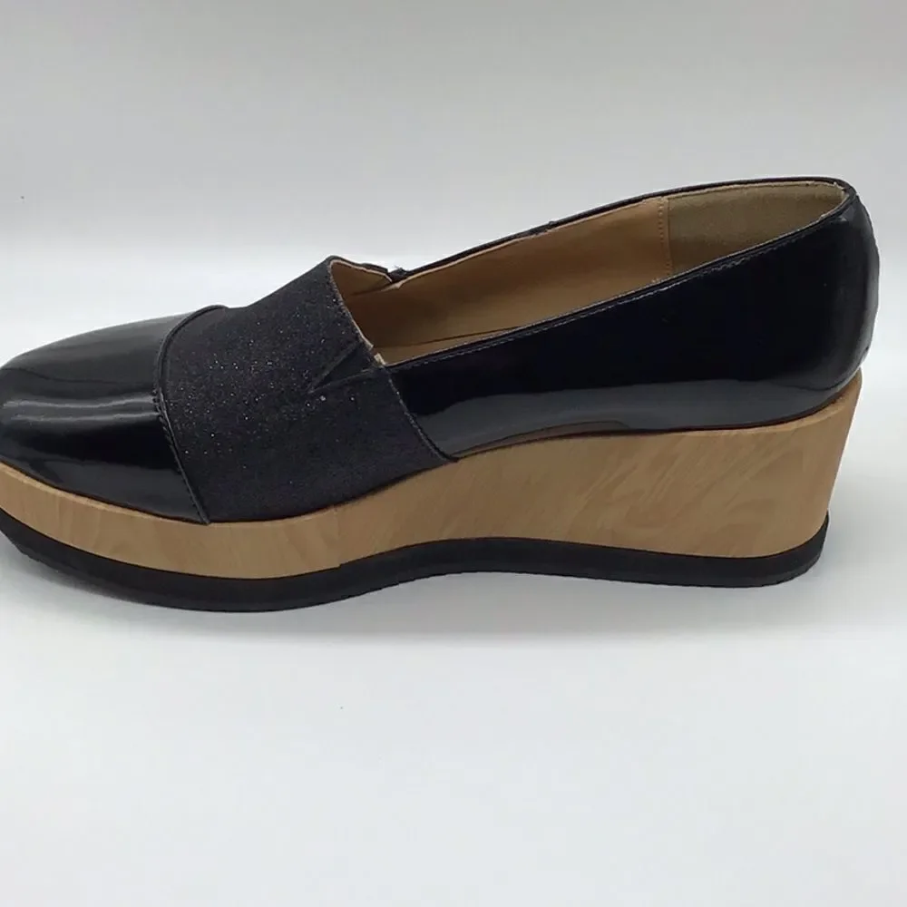Platform New Shoes Black Patent Leather Slip On Style Woodgrain Wedge Size 8.5